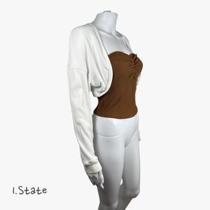 1.STATE Women's Ribbed Knit Cropped Cardigan in White Size L Glam Casual